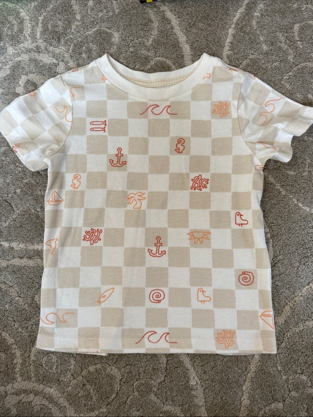 Cat & Jack Cream Checkered Short Sleeve Tee with Coral Icons